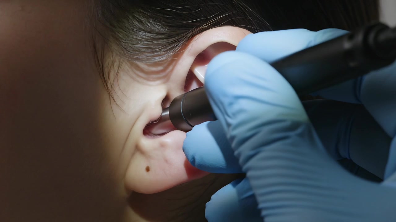Un clinico che indossa guanti blu inserisce un otoscopio nel condotto uditivo in clinica, ispezionando un neo.