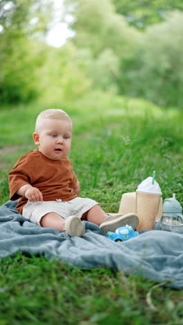 serious cute blond baby boy sits on the grass. kid looks around with interest and chews pop-corn. vertical video.