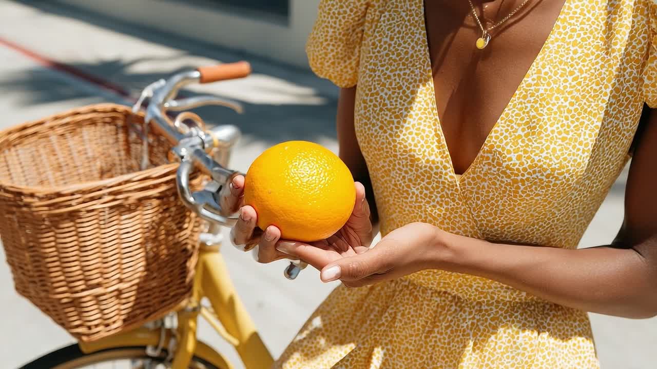 A woman in a bright yellow dress holds a fresh orange while sitting next to a vintage bicycle, showcasing a refreshingly vibrant summer moment in an outdoor setting