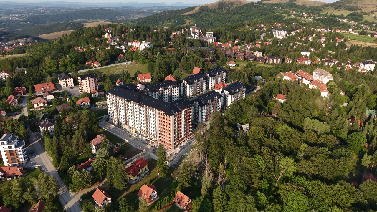 Drone Shot of Apartment Complex Buildings in Zlatibor, Mountain Resort in Serbia