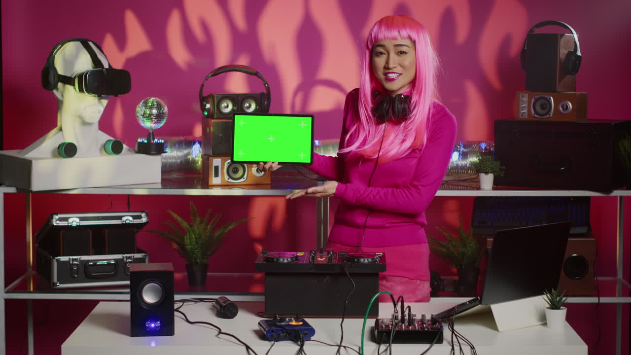 Woman with Pink Hair Presents Tablet with Green Screen in DJ Setup