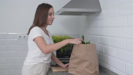 woman shopping for groceries and preparing vegetables in her kitchen