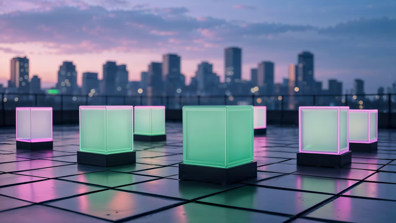 Colorful Light Cubes on a Rooftop with City Skyline at Dusk