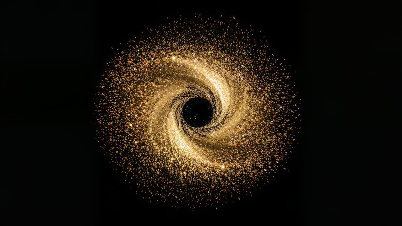 Zooming camera showing golden particle vortex expanding, rotating at black field with central void