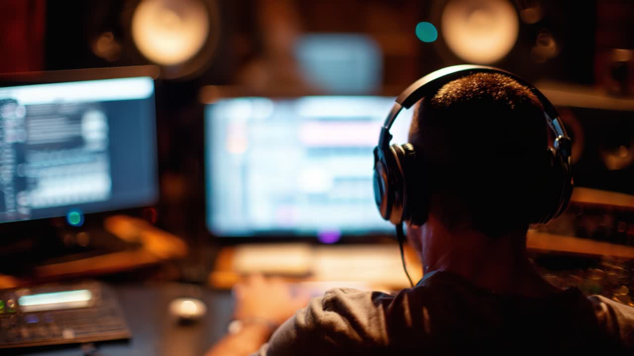 An Intense Musical Journey: A Music Producer Focuses on Crafting Sounds in a Modern Studio Setup Featuring Dual Monitors and Professional Audio Equipment