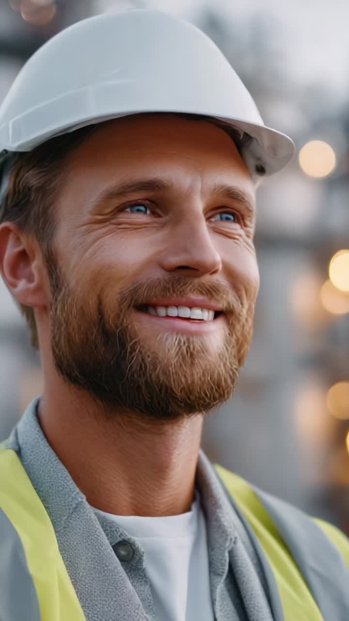 Confident Construction Worker Smiling with Safety Gear on a Job Site, Reflecting Professionalism and Dedication to his Craft