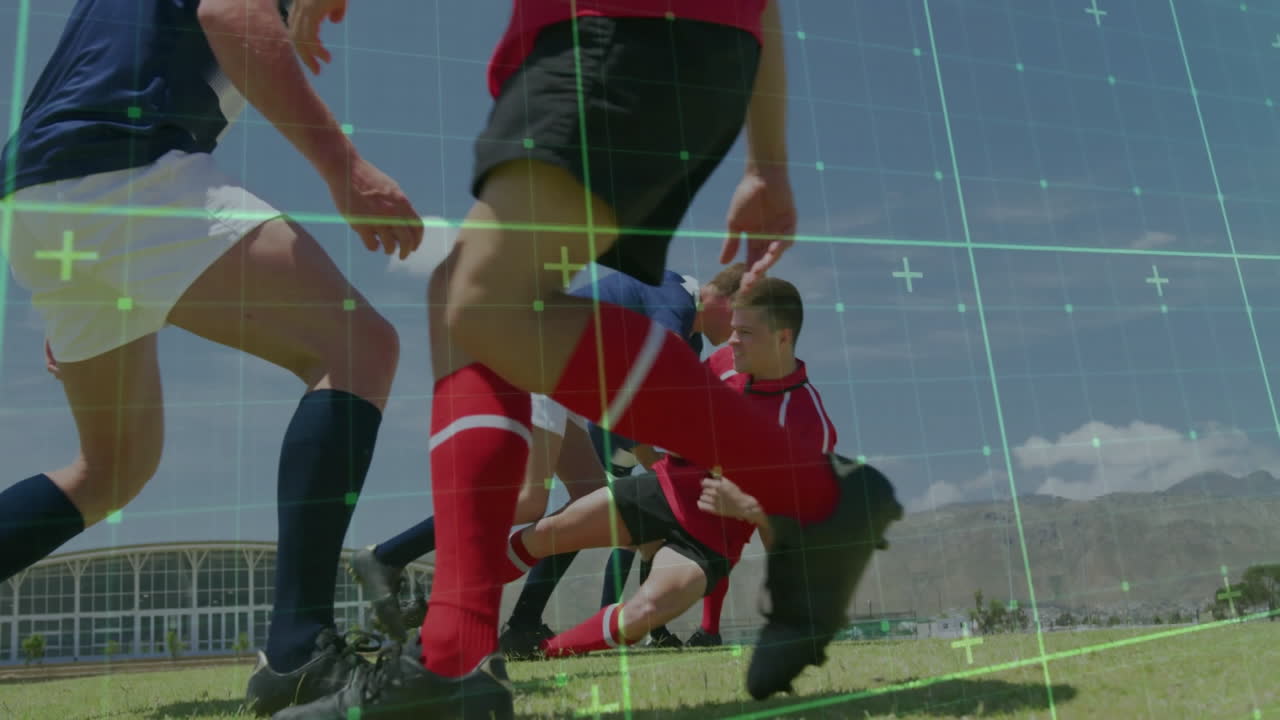 On field, football players with digital grid overlay for match analysis animation