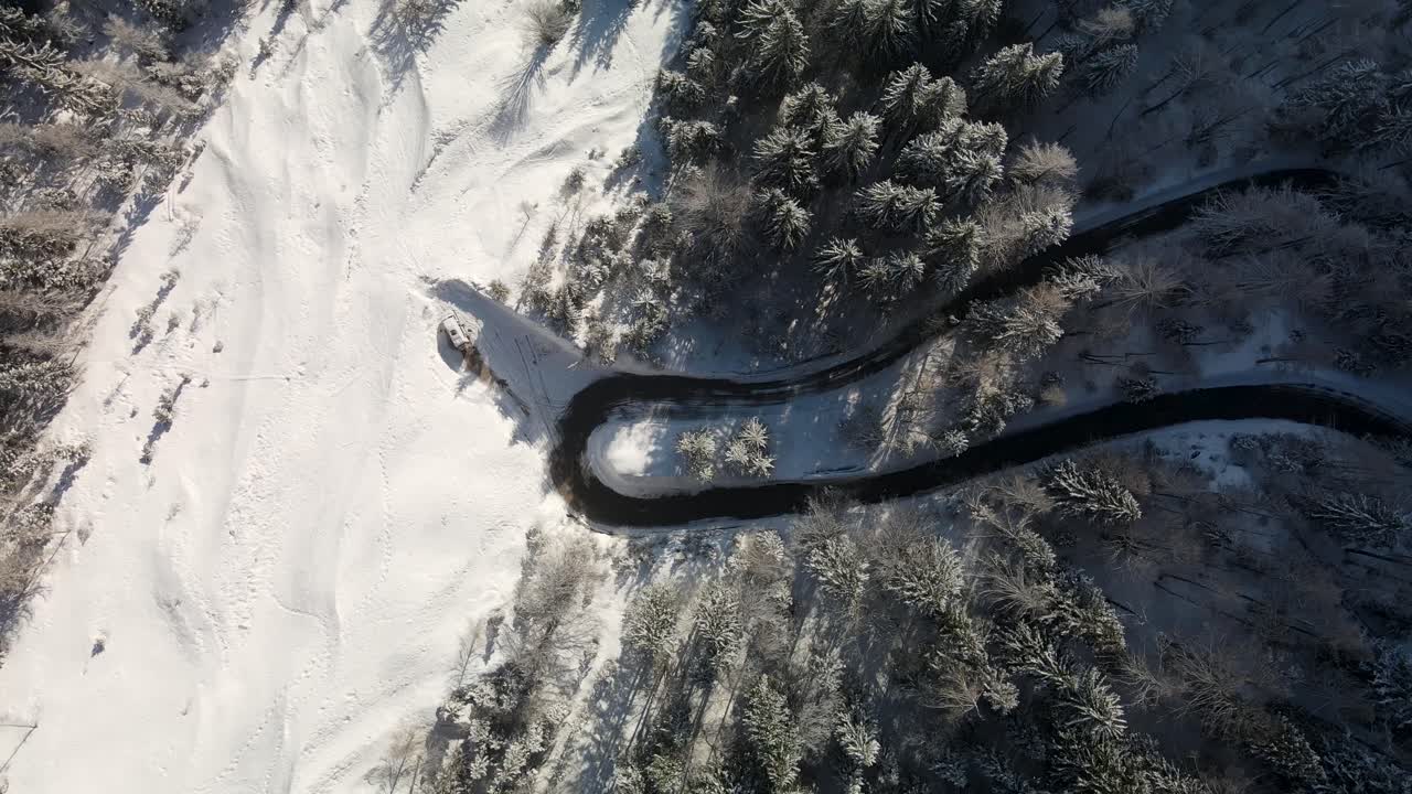 camino sinuoso en el bosque alpino nevado, paso vrsic, eslovenia