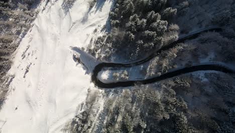 Kurvenreiche-Straße-Auf-Schneebedecktem-Alpenwald,-Vrsic-Pass,-Slowenien