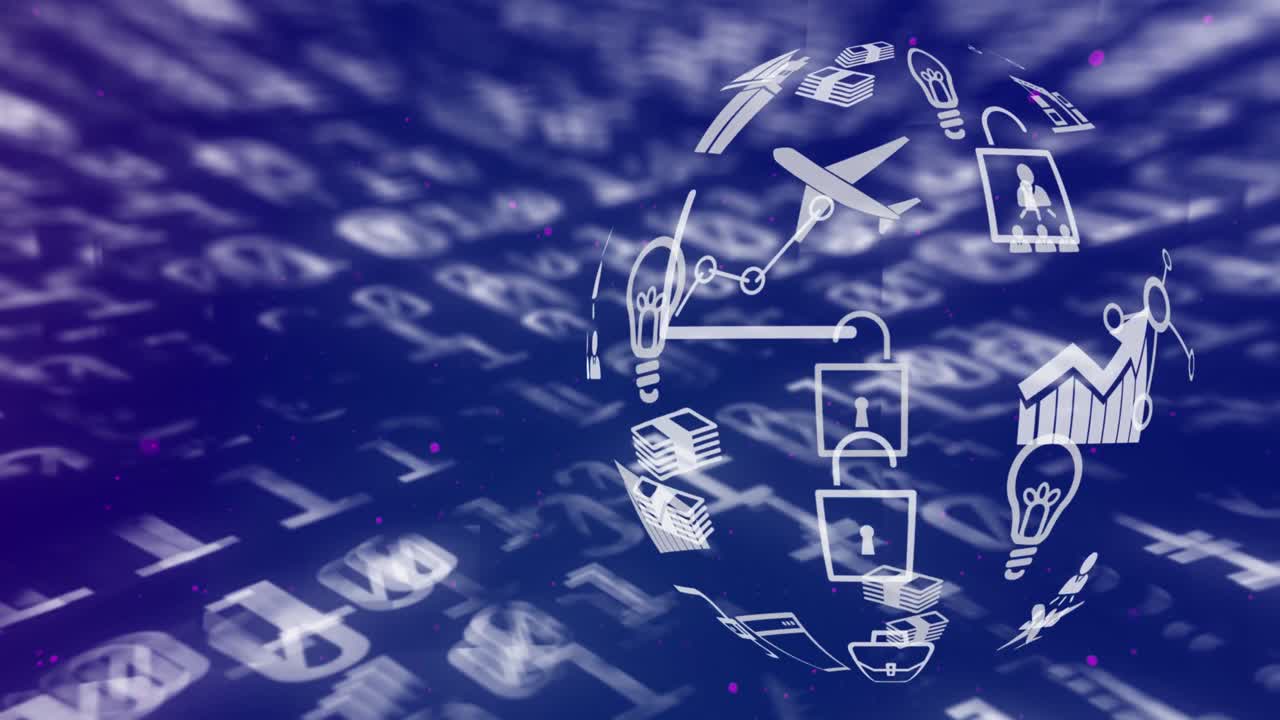 глобус цифровых икон, вращающийся на бинарном кодировании обработки данных на синем фоне