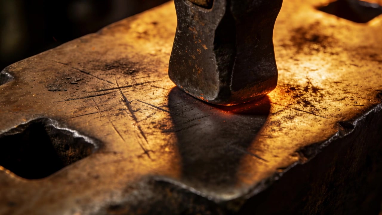 Testa di martello in discesa che colpisce metallo riscaldato sull'incudine, pressando e forgiando un pezzo incandescente.