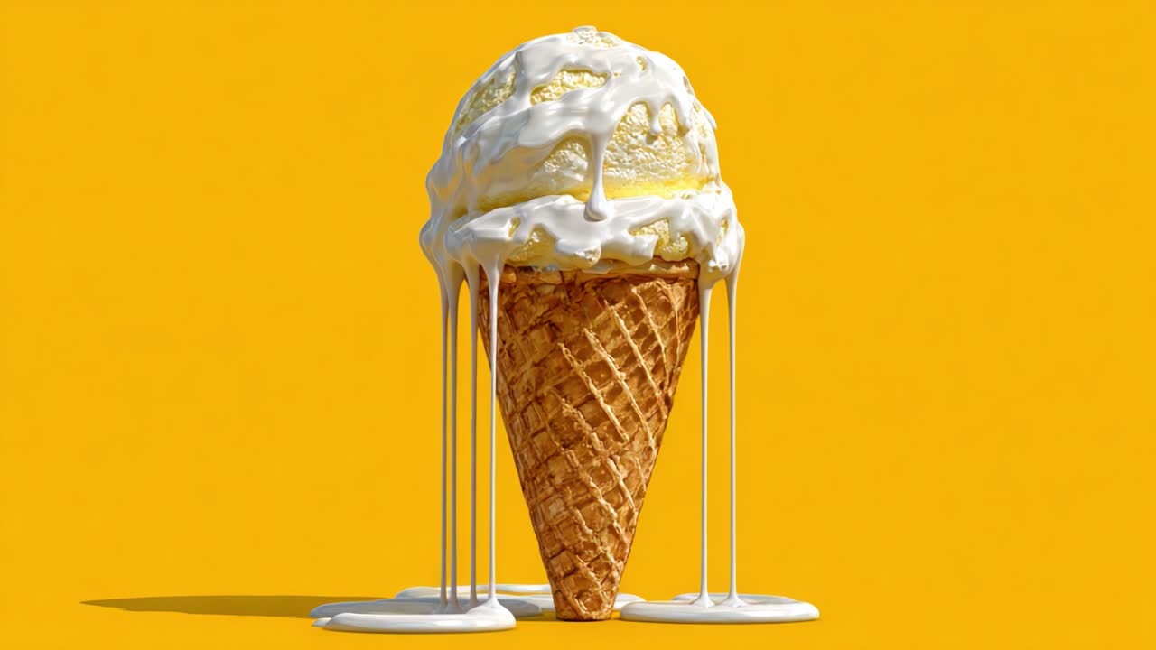 Delizioso cono gelato che si scioglie con spirali di vaniglia cremosa che colano su uno sfondo giallo brillante, catturando l'essenza dei dolcetti estivi e dell'indulgenza.