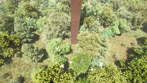 una gran cruz de madera en medio de un bosque, con árboles, arbustos, hierba, flores a su alrededor y gaviotas volando por encima de ella, animación 3d con cámara rodante mirando hacia abajo