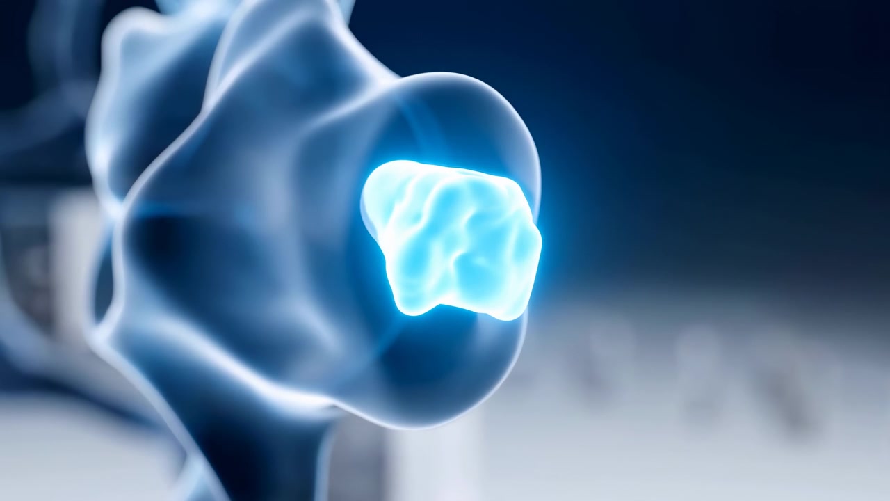 Cyan illumination spreads across small irregular protrusion on larger translucent form as contours subtly shift, with pale glowing edges, deep blue shading, and blurred surrounding shapes.