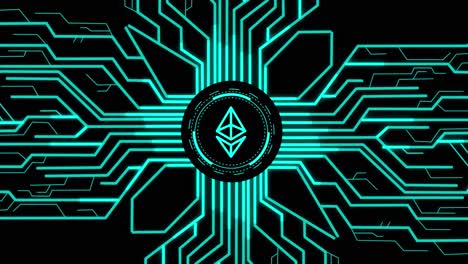 ethereum digital currency with futuristic artificial intelligence spreading through internet. visualization of machine learning, computer technology, neural network