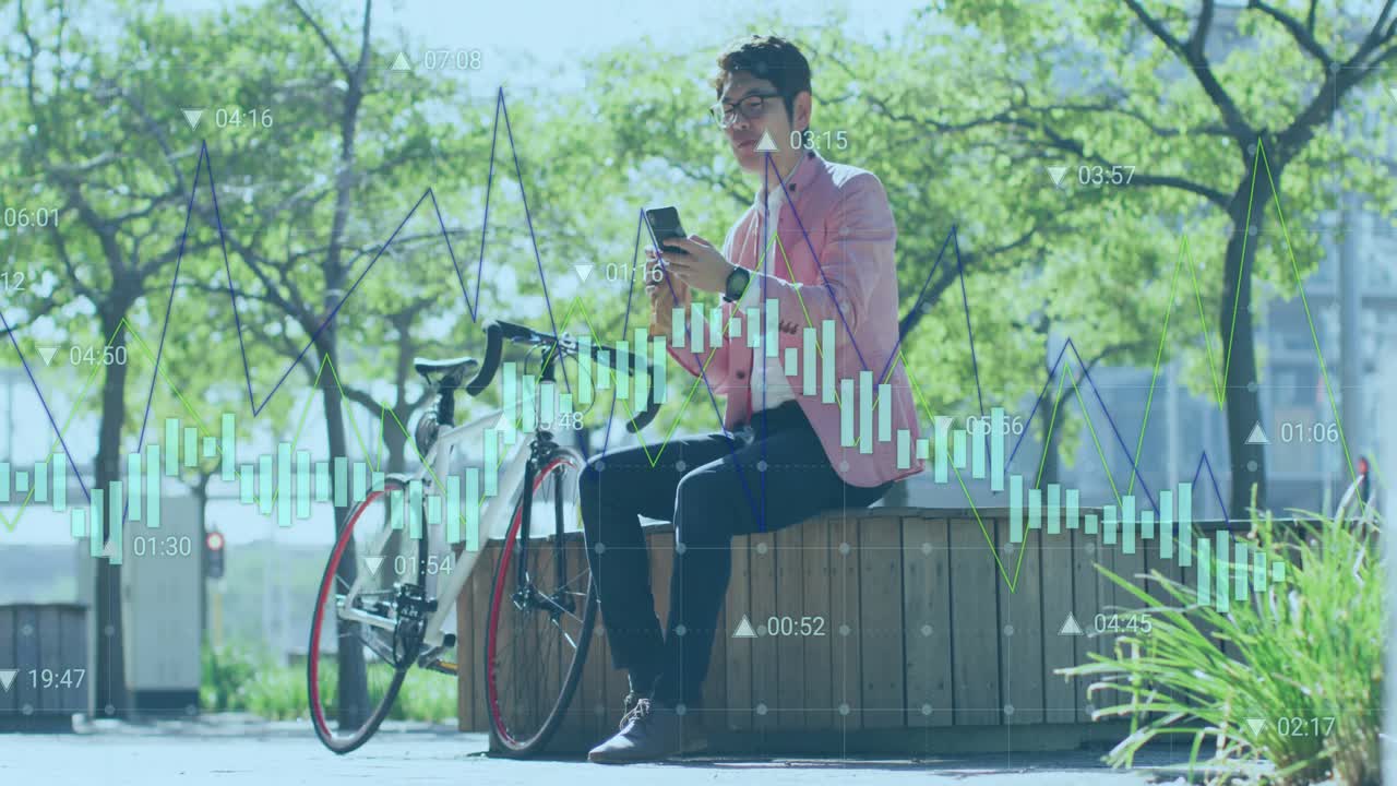 Professional man tapping smartphone at plaza, displaying animated finance charts for trend review