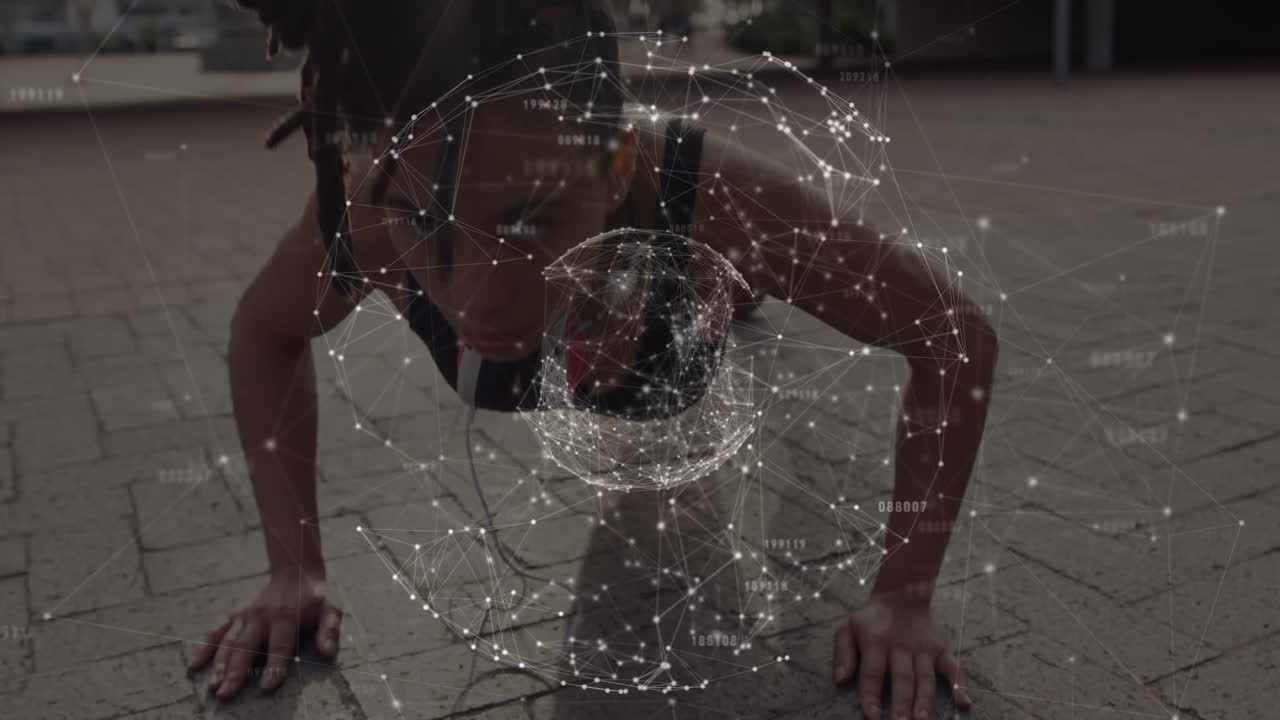 animation du globe avec un réseau de connexions sur une femme faisant des pompes dans la rue de la ville