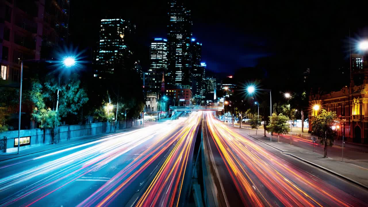 A captivating night view showcasing the dynamic motion of city lights on a busy street, illuminated by vibrant colors and surrounded by towering skyscrapers that define the urban skyline