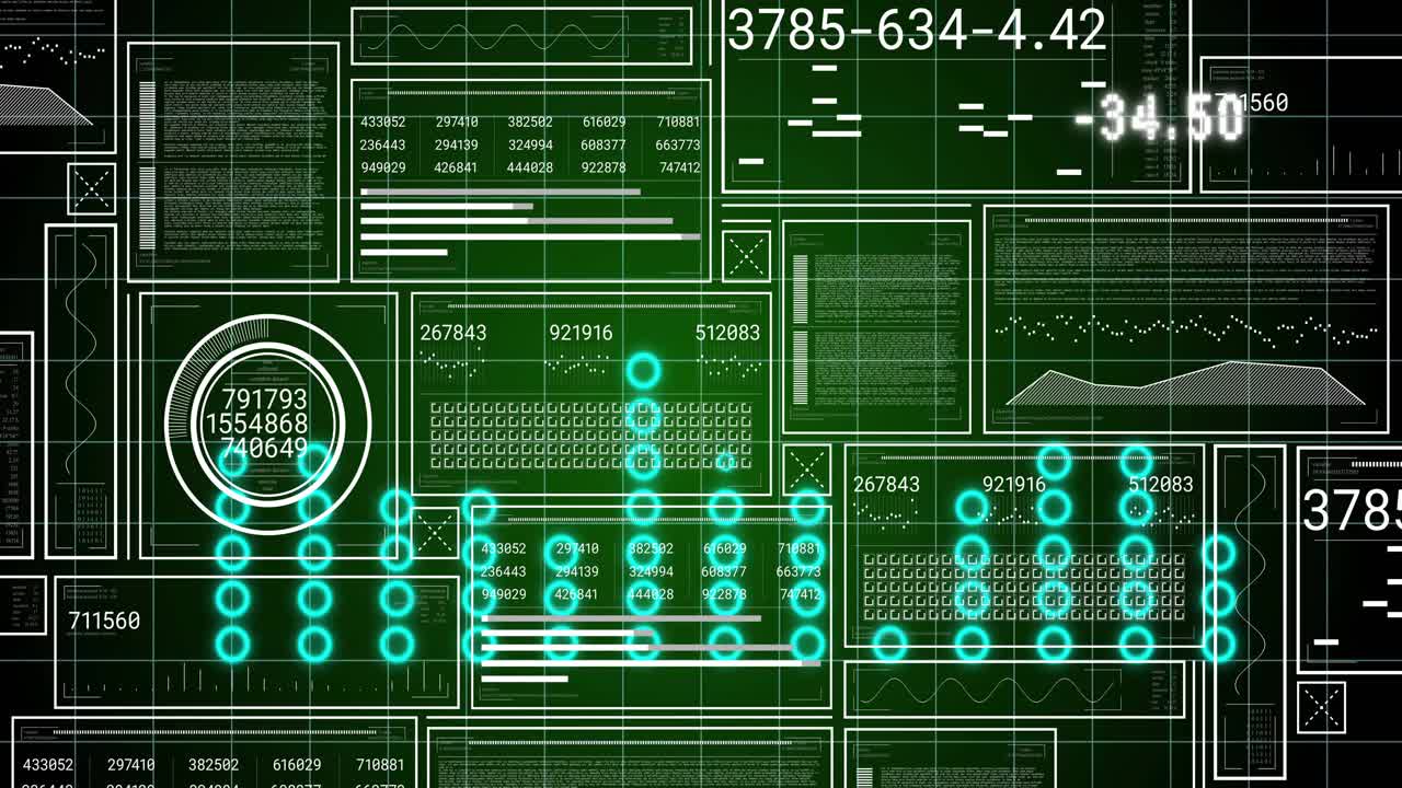 Visualizing data by loading UI, showing teal dots, animating gauge, shifting data, retracting nodes
