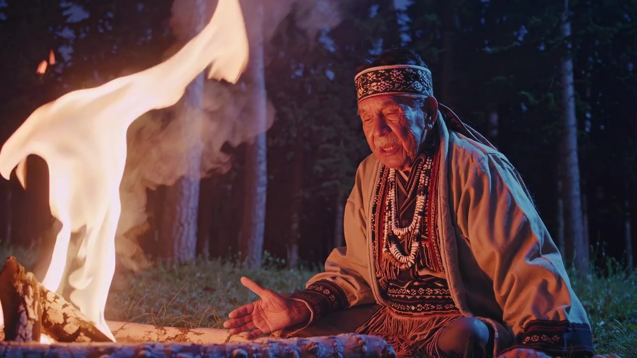 Indigener Schamane und Stammesmitglieder versammeln sich nachts um ein Lagerfeuer