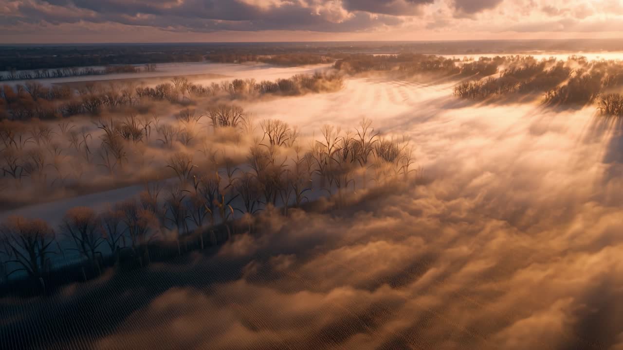 En fredfyldt luftoptagelse af tågede landskaber ved daggry, der fanger skønheden i træer, marker og tåge, der smelter sammen med horisonten i en rolig atmosfære
