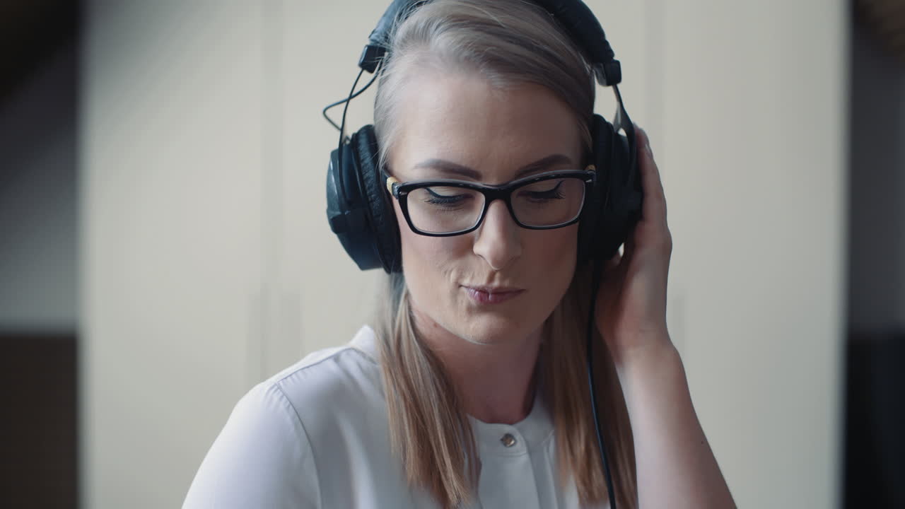 mujer sonriente escuchando música y mirando a la cámara