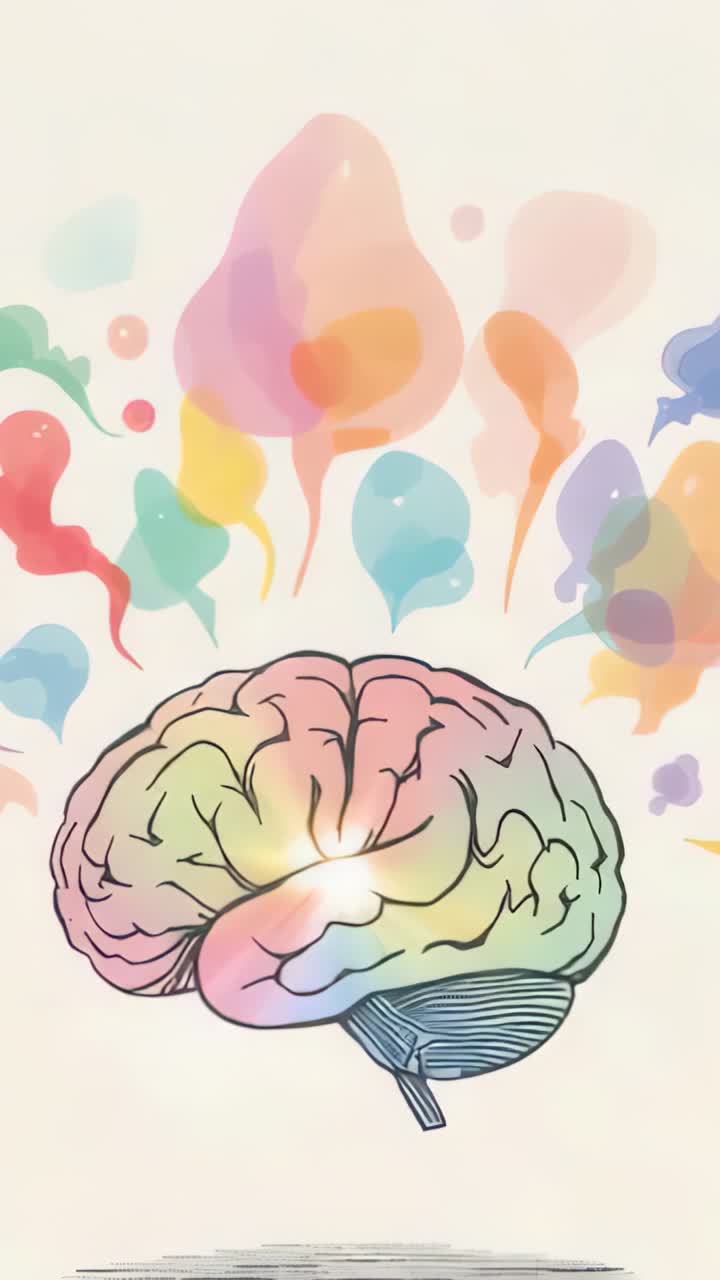 Vertical video: Reaching 1-second mark stylized brain emitting glow on cream backdrop, fading blots