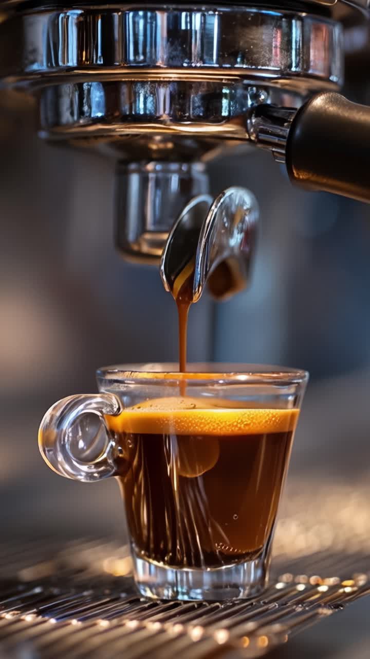 Uma Vista Aproximada da Extração de Espresso: A Dose Perfeita de Café Sendo Preparada com Rico Sabor Aromático Gotejando em uma Xícara de Vidro Transparente
