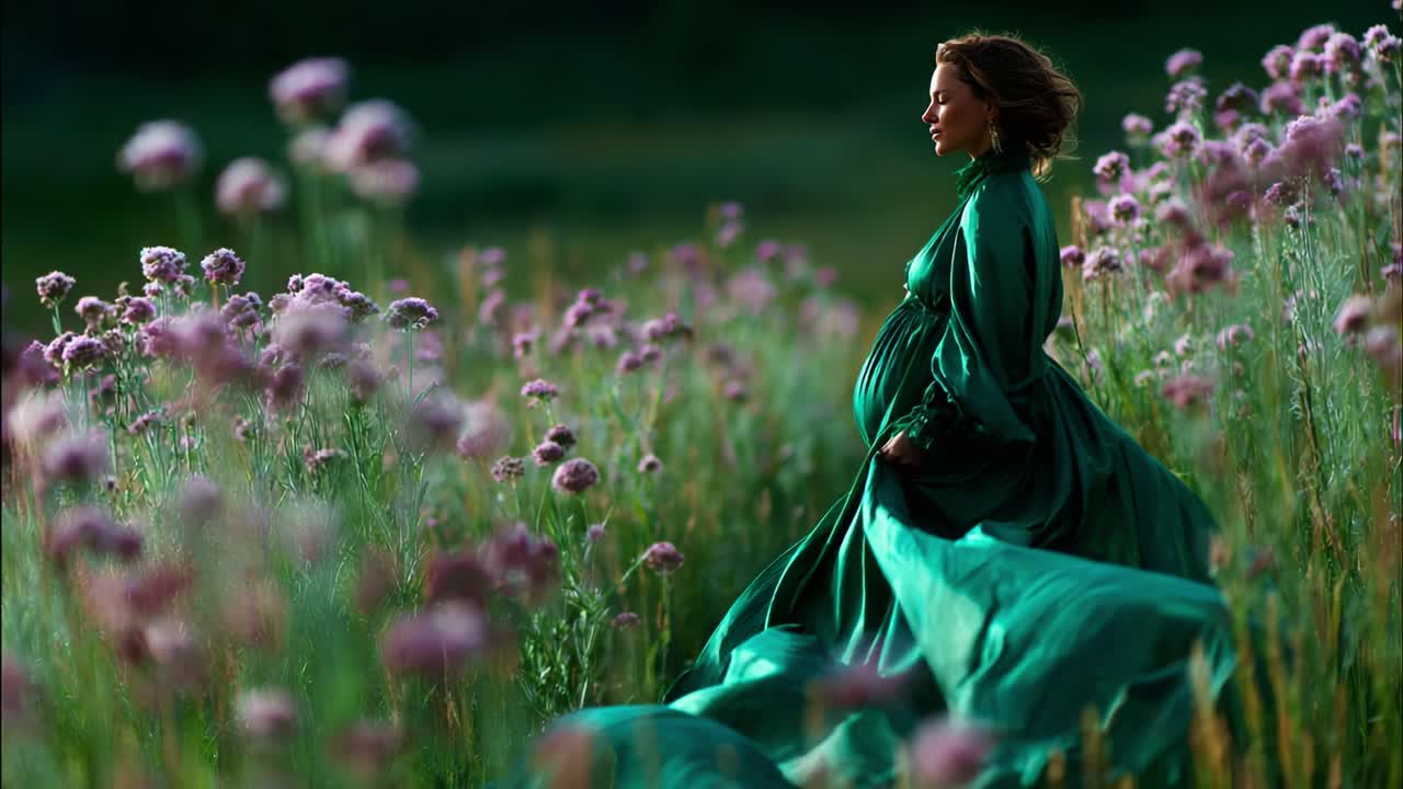 A Majestic Expecting Mother in a Flowing Green Dress Wanders Through a Serene Flower Field, Embracing the Beauty of Maternity Amidst Nature's Blooming Colors