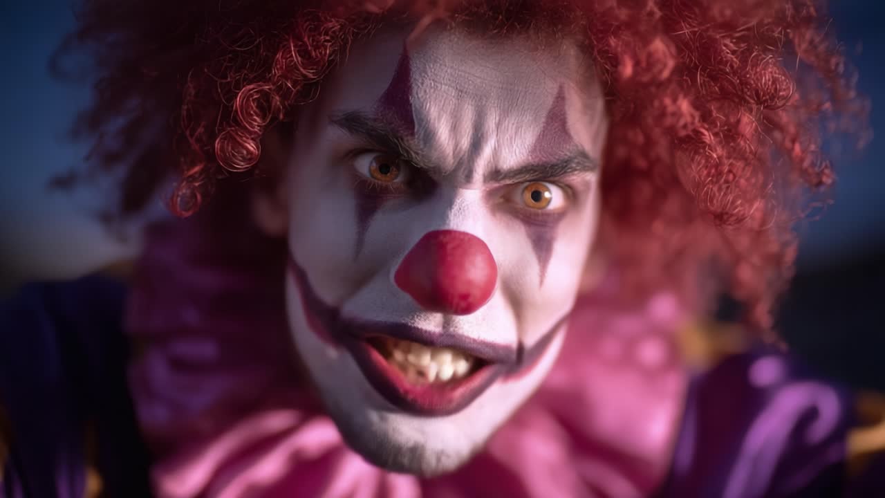 A Terrifying Clown Displaying Intense Emotion with Portrayed Anger and Fear, Captured in Two Stunning Frames from a Darkly Themed Video Exploration