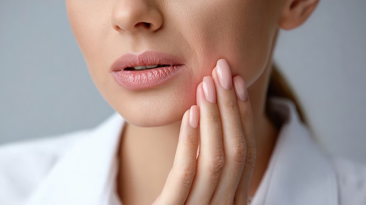 A close-up view of a woman's face expressing concern and contemplation, showcasing delicate features, well-groomed nails, and a calm demeanor in a serene setting