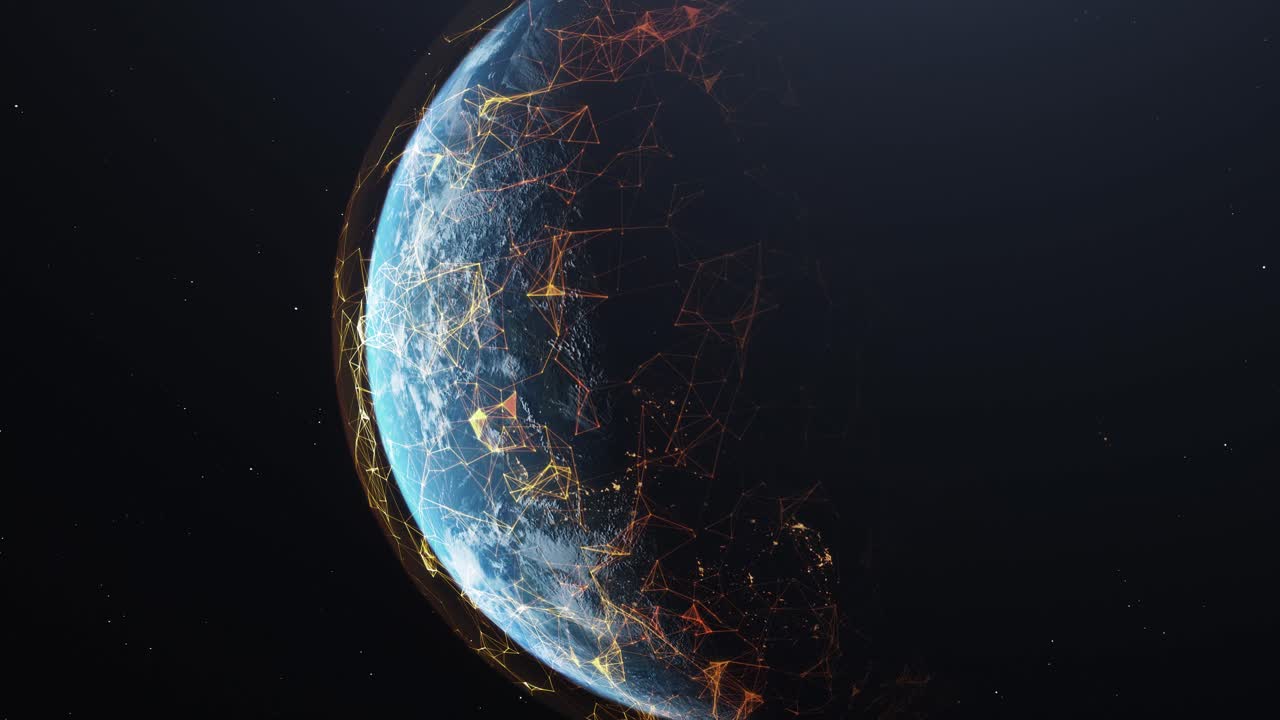 3D Redner Earth, Communications Signals, Zooming Out Earth Fades into Background of SPace, Starry Sky,