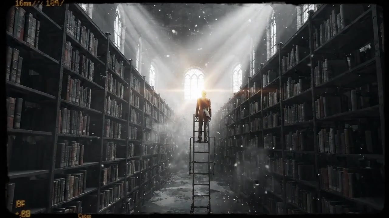 Mystisk bibliotek: En rejse fra mørke til oplysning i fortryllende omgivelser med oplyste bogreoler og en ensom skikkelse, der reflekterer over viden