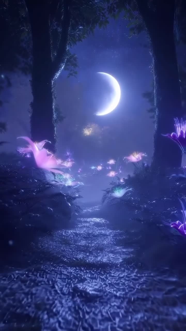 Fortryllet skovscene med glødende blomster, nymåne, low-engel-perspektiv, videospilsstil, Live