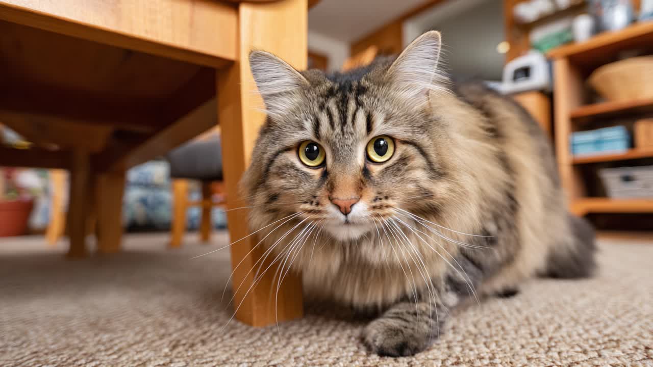 A Curious Cat on the Prowl: Captured Moments of a Playful Feline Exploring Its Cozy Home Environment