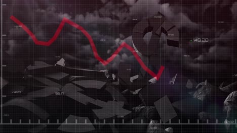 animation of red line and financial data processing over american dollar sign crumbled