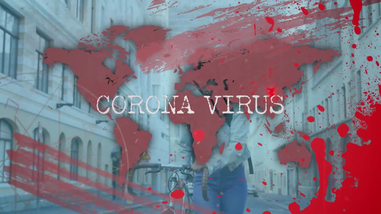 세계 지도 위의 코로나 19 텍스트와 얼굴 마스크를 입은 여성의 애니메이션