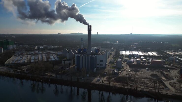 Waste to energy plant emitting smoke from its chimney, located near an urban area, environmental impact of waste. Stunning aerial view flight ascending drone