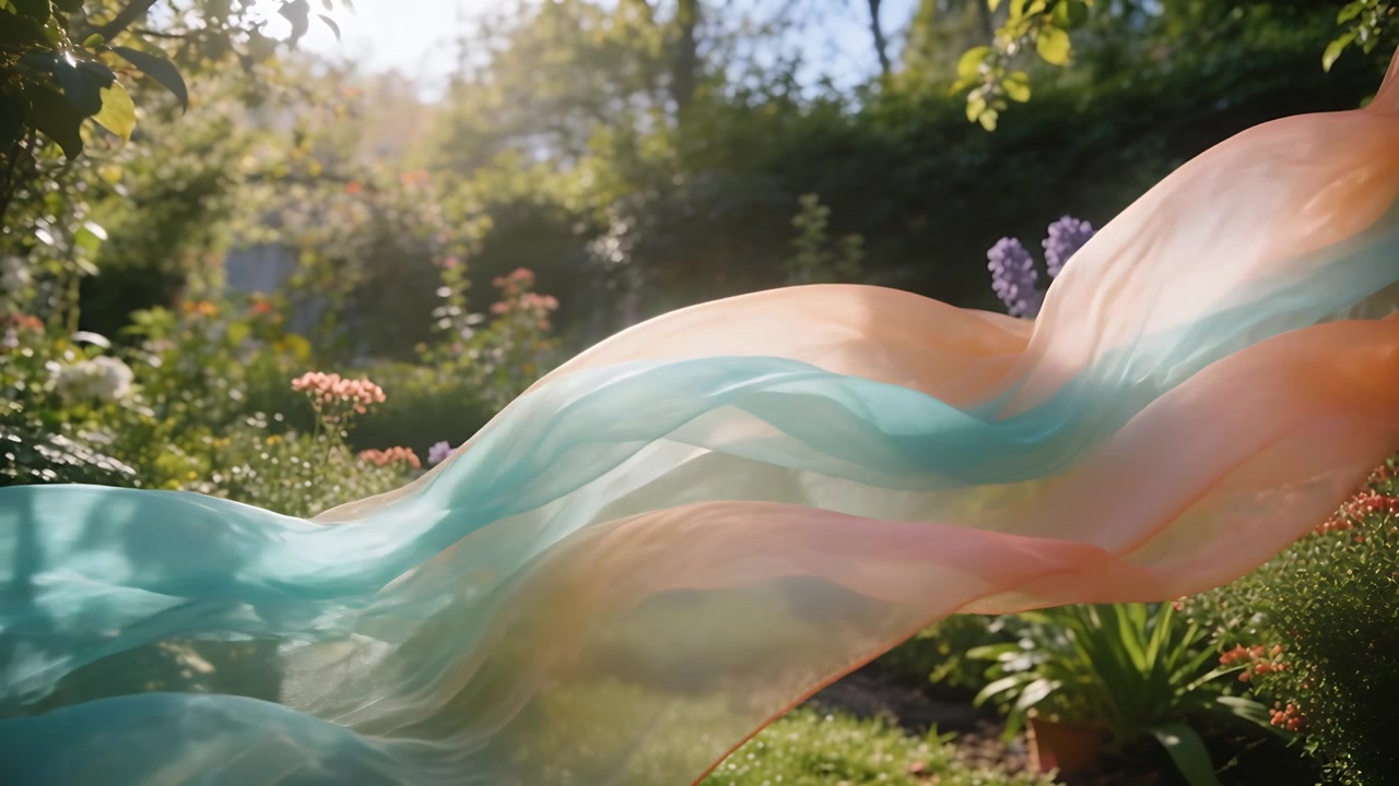 Due sciarpe velate che fluttuano in un giardino soleggiato mosse dalla brezza, mescolando i colori verde acqua e pesca