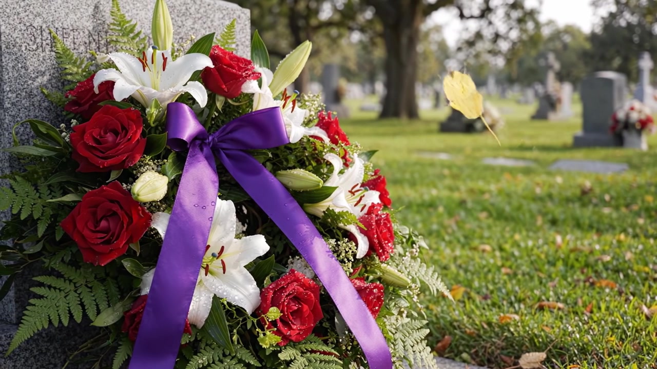 Una corona floreale splendidamente disposta che adorna una tomba in un cimitero pacifico, a simboleggiare il ricordo e l'omaggio ai cari perduti.