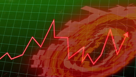 gráfico de linha flutuante vermelho sobre símbolo de moeda digital com fundo de grade verde