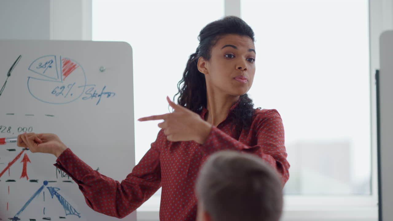 mujer afro haciendo una presentación en la oficina. equipo de entrenamiento de entrenadoras en el interior