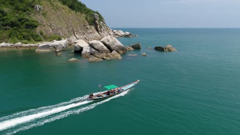 motor boat sails in the sea. beauty nature landscape. thailand. drone video. 4k