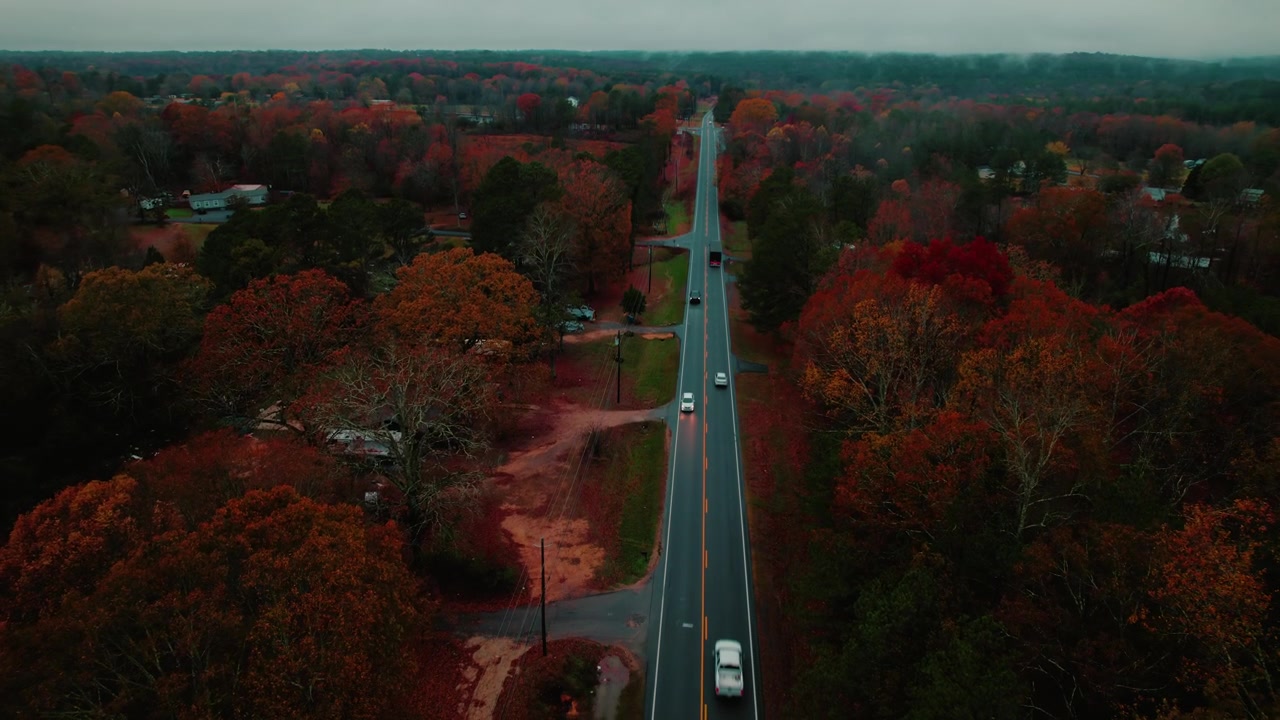 Vista drone di un semirimorchio con telone che viaggia lungo una tranquilla strada rurale, circondato da alberi autunnali colorati a Fort Payne, Alabama