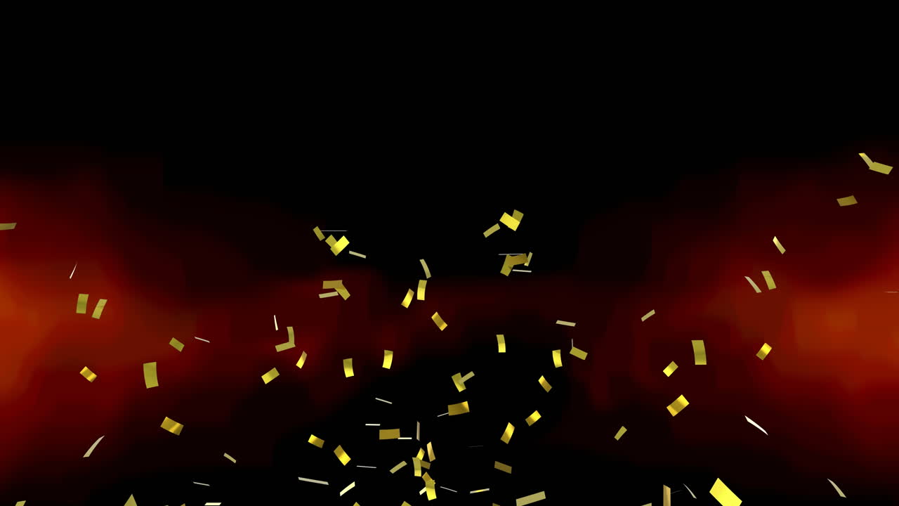 빨간색과 검은색 배경 위에 떠다니는 금색 콘페티의 애니메이션