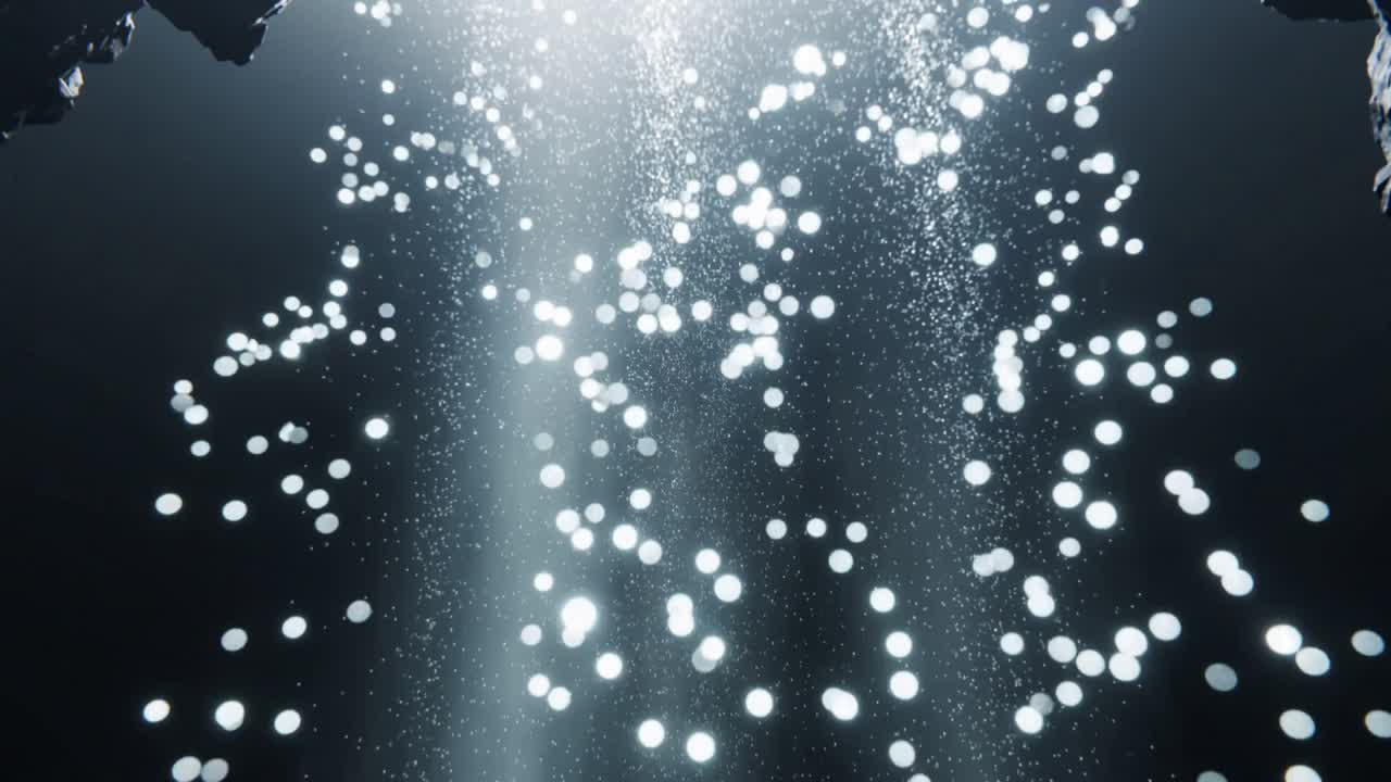 Light shaft piercing cavern opening with rock lip, causing lit bubbles clustering and rising upward