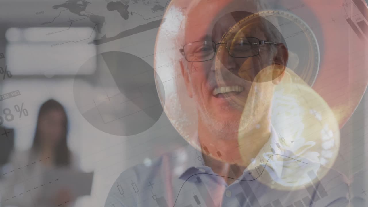 Statistical data processing over bulb against portrait of caucasian senior man smiling at office