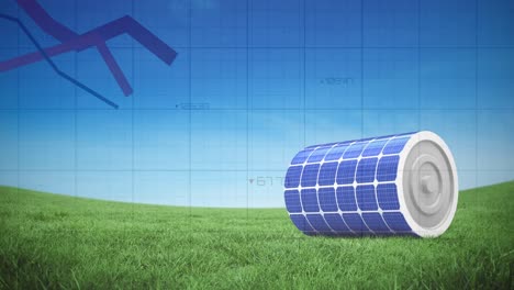 Multiple-blue-graphs-moving-over-solar-cylinder-on-grass-against-blue-sky