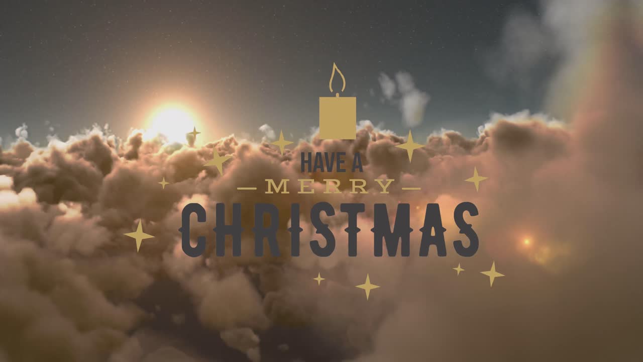 Animasjon av julehilsen-tekst over skyer og himmel