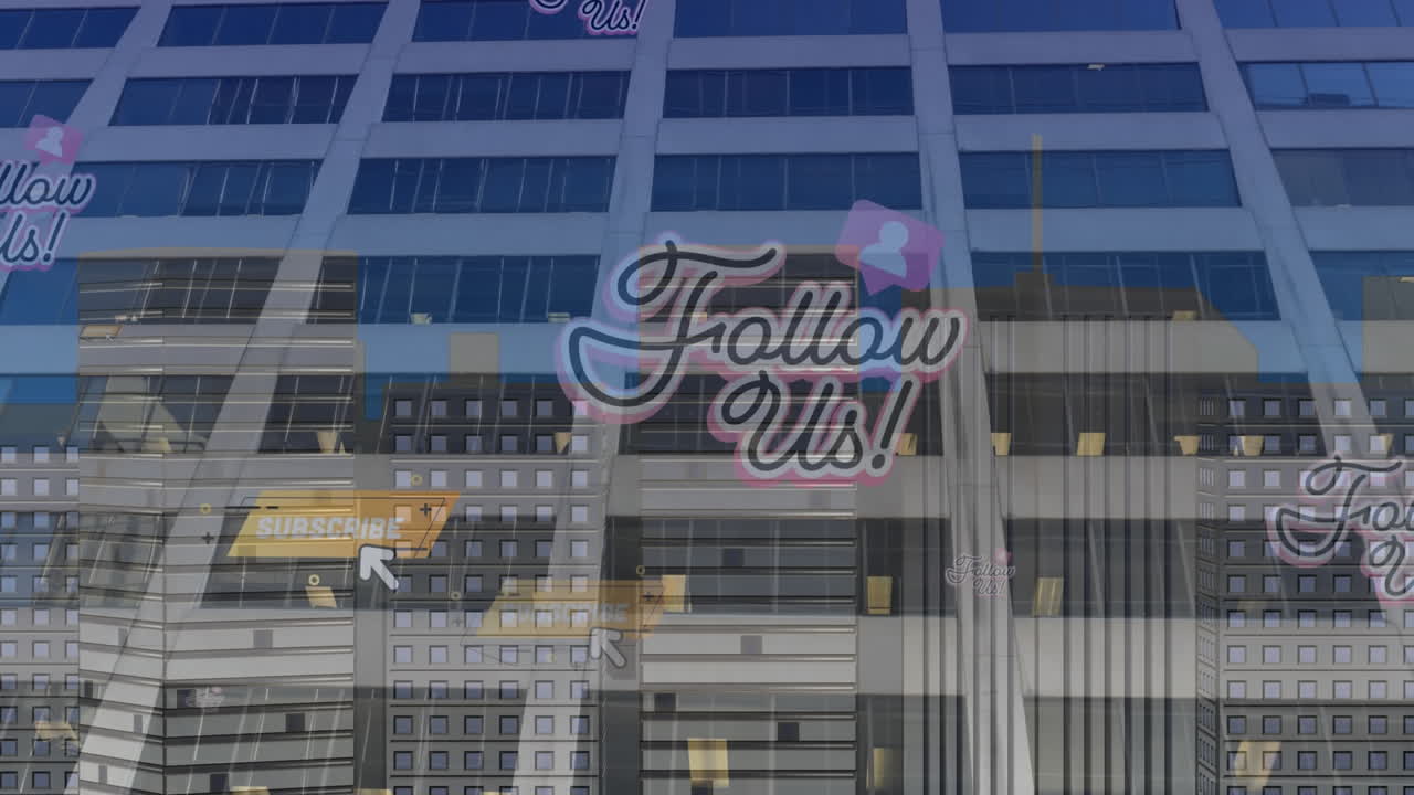 다수의 소셜 미디어 아이콘의 디지털 구성이 높은 건물에 떠다니고 있습니다.